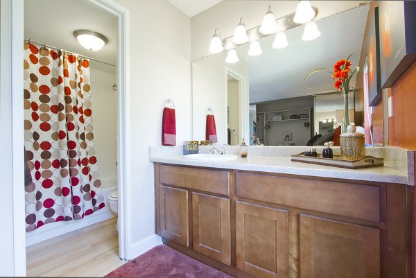 Modern bathroom with wooden vanity, lighted mirror, and polka dot shower curtain at Summit Ridge Apartments