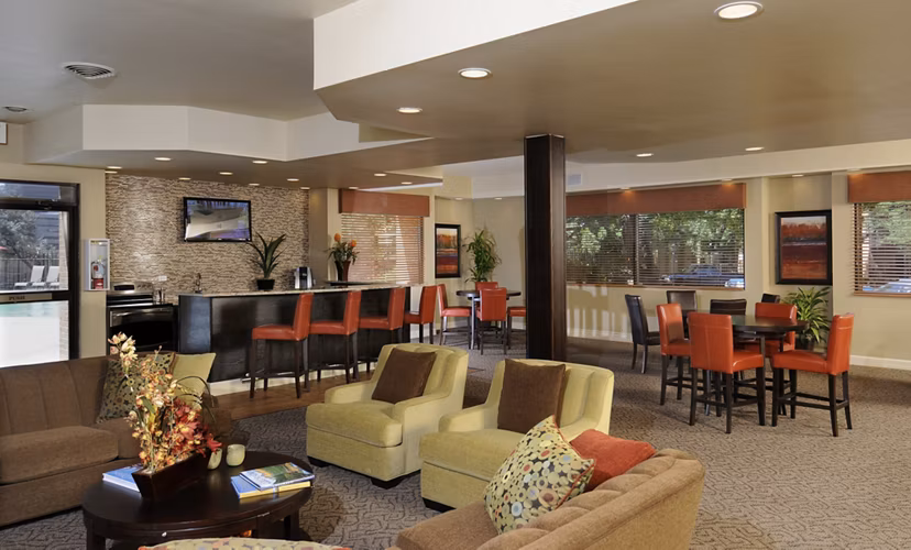 Summit Ridge Apartments: Modern lounge with stylish seating, bar, and large windows for relaxed luxury living
