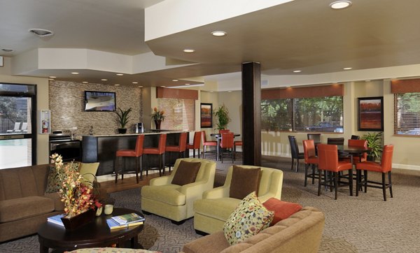 Summit Ridge Apartments: Modern lounge with stylish seating, bar, and large windows for relaxed luxury living