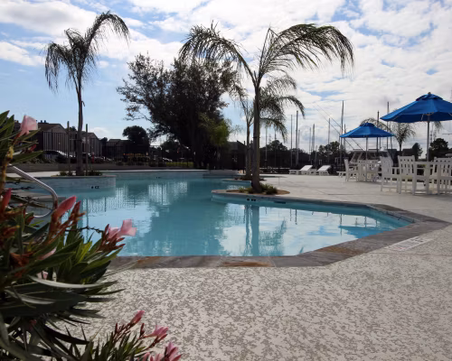 Scenic poolside view at CP Waterfront Apartments featuring modern lounge chairs and lush greenery