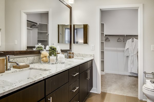 Elegant bathroom featuring modern fixtures at Overture Stone Oak luxury apartments