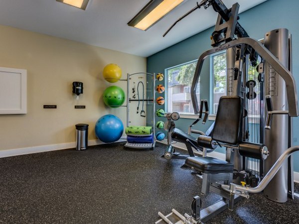 Modern fitness center with latest equipment at Onyx Apartments