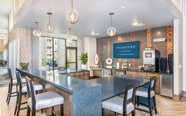 Clubhouse featuring modern lounge areas and seating at Overture Crabtree Apartments