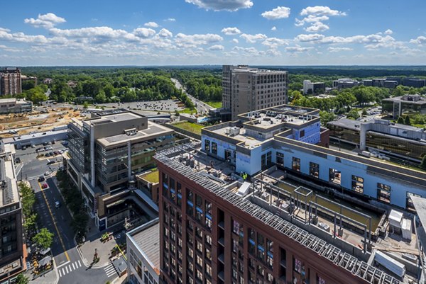 Aerial view of a vibrant cityscape showcasing luxury apartments and green spaces