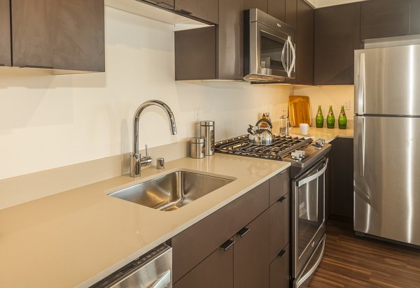 Modern kitchen with stainless steel appliances and granite countertops at Ballard Public Lofts & Market Apartments
