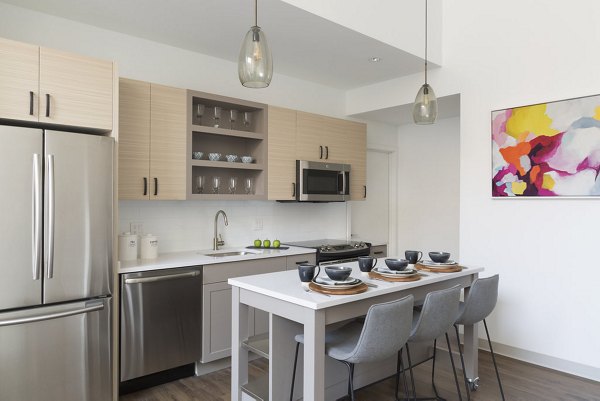 Modern kitchen with state-of-the-art appliances at Serenity Apartments, offering luxury living in a Greystar community