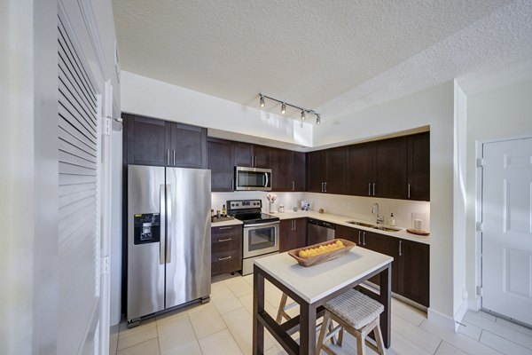 Modern kitchen with stainless steel appliances at Solle Davie Luxury Apartments, showcasing stylish design and functionality