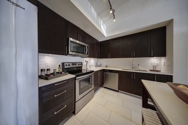 Modern kitchen with sleek countertops and stainless steel appliances at Solle Davie Luxury Apartments