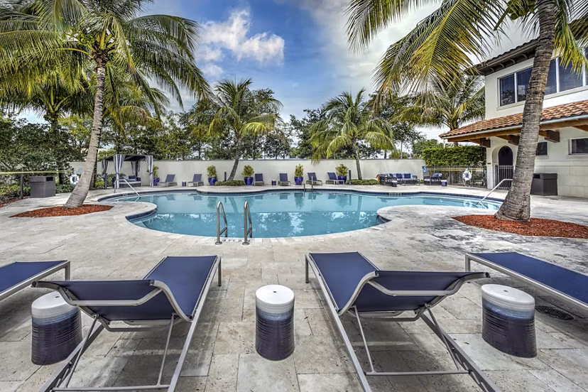 Resort-style pool with palm trees and lounge chairs at Solle Davie Luxury Apartments