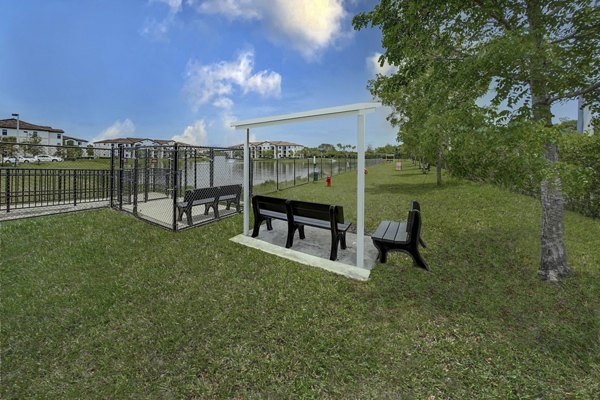 Spacious dog park at Solle Davie luxury apartments featuring agility equipment and open play areas