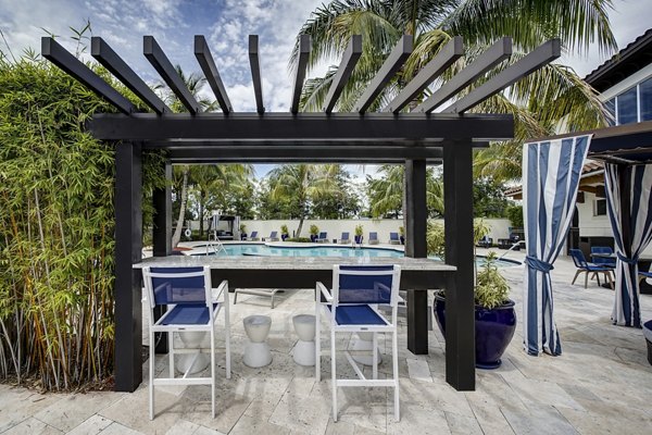Serene courtyard with lush landscaping at Solle Davie Luxury Apartments, offering tranquil outdoor spaces for relaxation