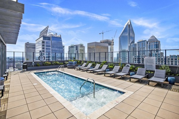 Outdoor pool with city skyline views at Ascent Uptown Apartments, ideal for relaxation and recreation