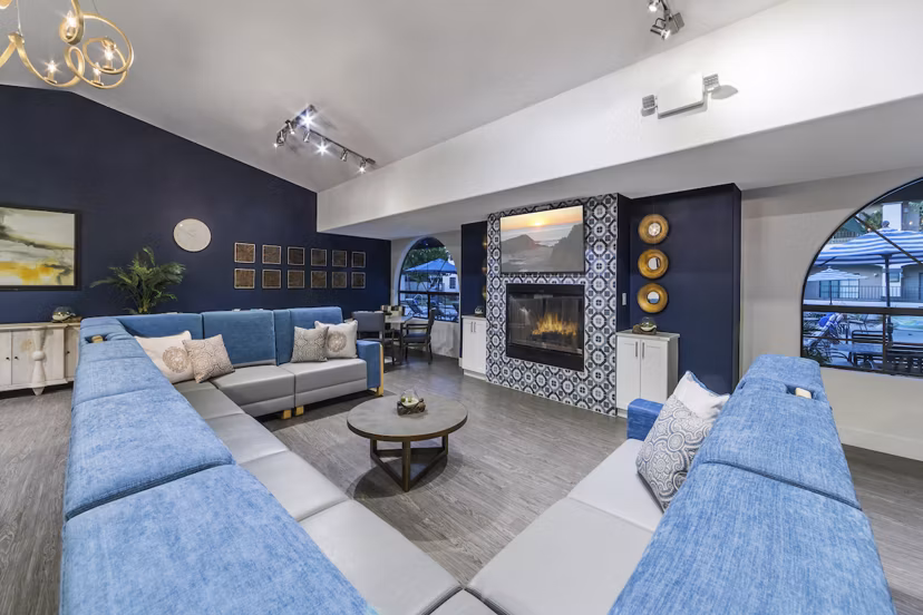 Contemporary clubhouse with stylish decor at Overture San Marcos Apartment Homes