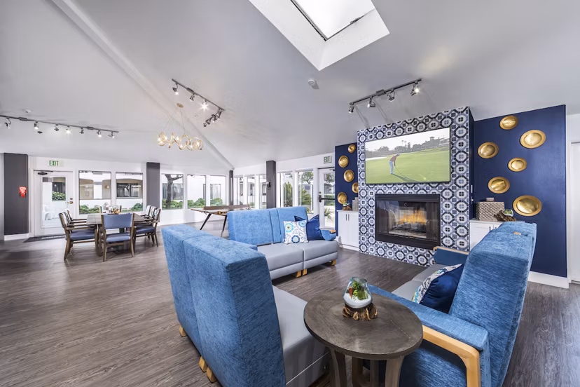 Clubhouse with modern decor at Overture San Marcos Apartment Homes, luxury living spaces tailored for active adults
