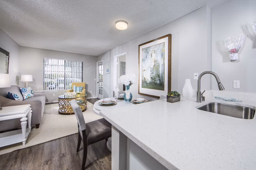 Dining room with stylish decor and modern lighting at Overture San Marcos Apartment Homes