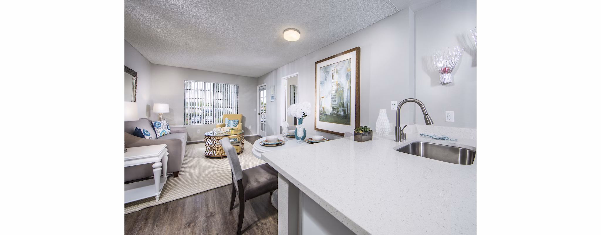 Dining room with stylish decor and modern lighting at Overture San Marcos Apartment Homes
