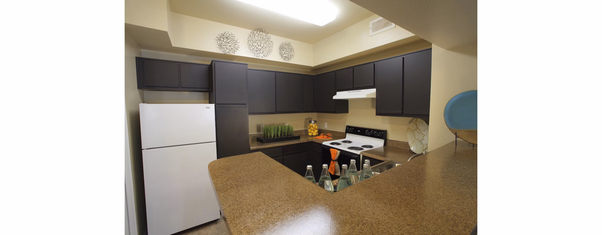 Modern kitchen with stainless steel appliances in Parc at Wall Street Apartments