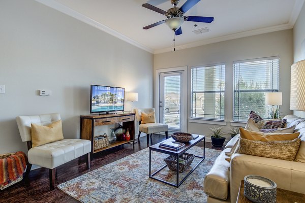 Elegant living room with modern decor in La Contessa Apartments, showcasing luxury living and stylish design