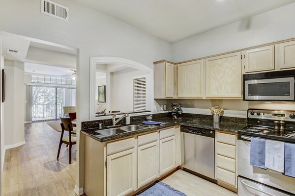 Modern kitchen with stainless steel appliances at Riviera at West Village Apartments