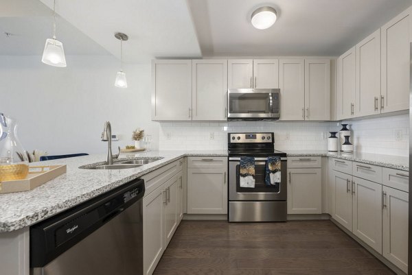 Modern kitchen with stainless steel appliances at Skyhouse Uptown North Apartments, featuring sleek countertops and open layout for luxury living