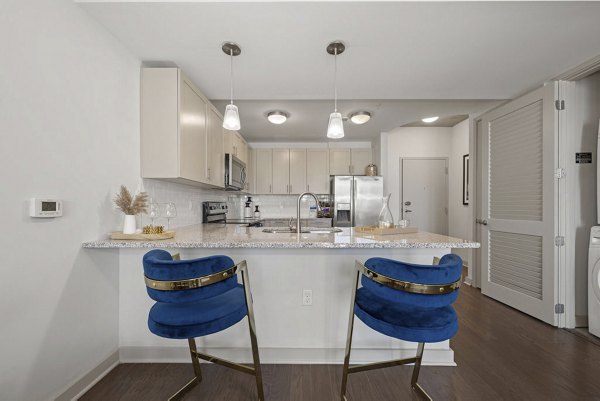 Modern kitchen with stainless steel appliances at Skyhouse Uptown North Apartments