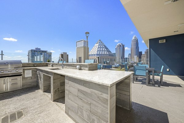 Outdoor grill area and patio at Skyhouse Uptown North Apartments with seating and greenery for leisure and socializing