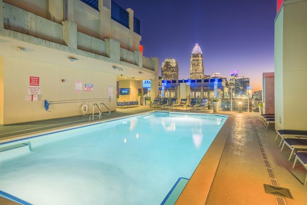 Rooftop pool with city skyline view at Skyhouse Uptown North Apartments