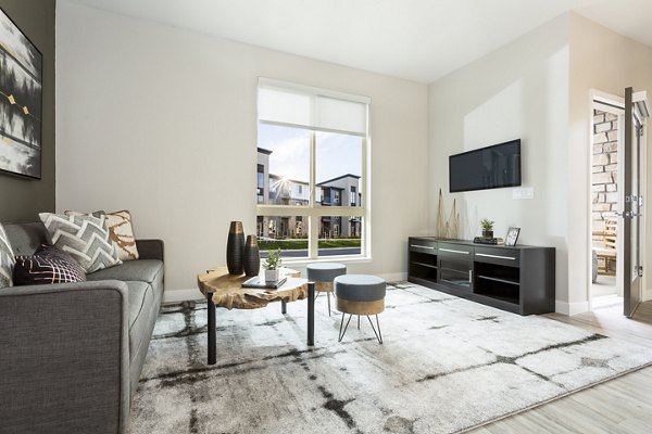 Sunlit living room with modern decor in Solana Olde Town Station Apartments