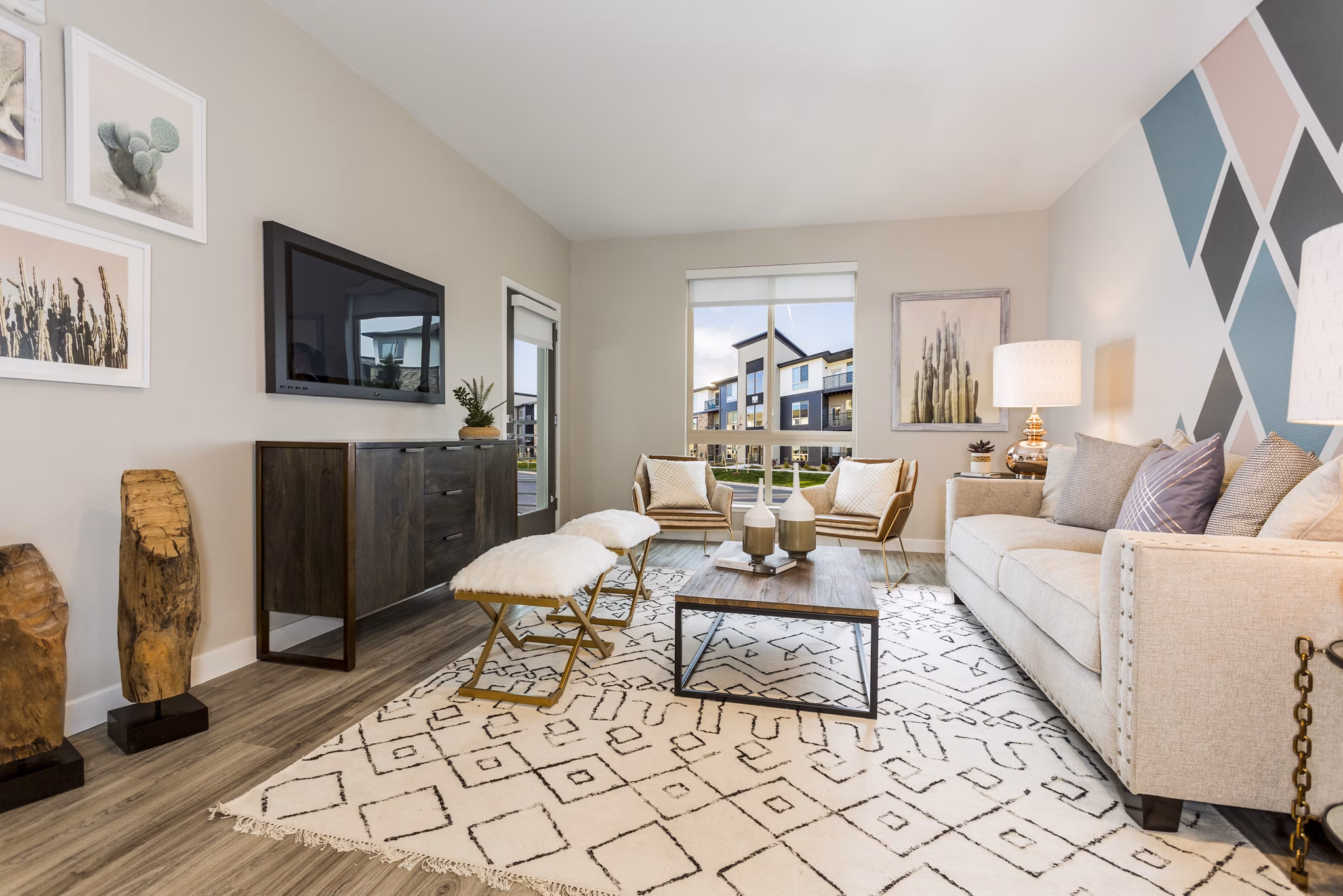 Spacious living room with modern design at Solana Olde Town Station Apartments in Arvada, Colorado, offering luxury rental options near transit stations