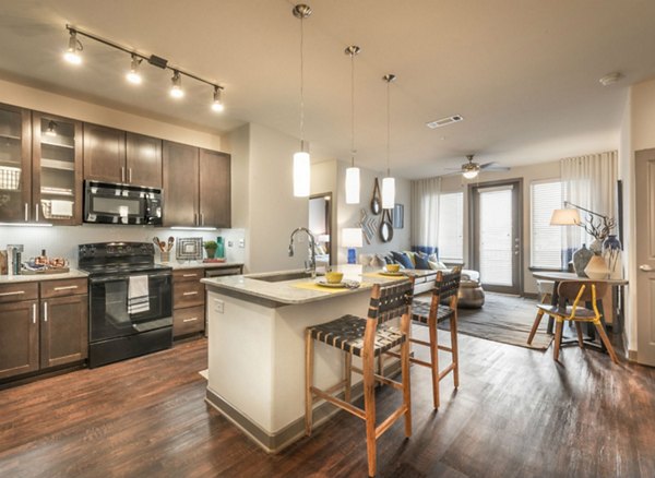 Open-concept kitchen with stainless steel appliances in Overture Flower Mound Apartments