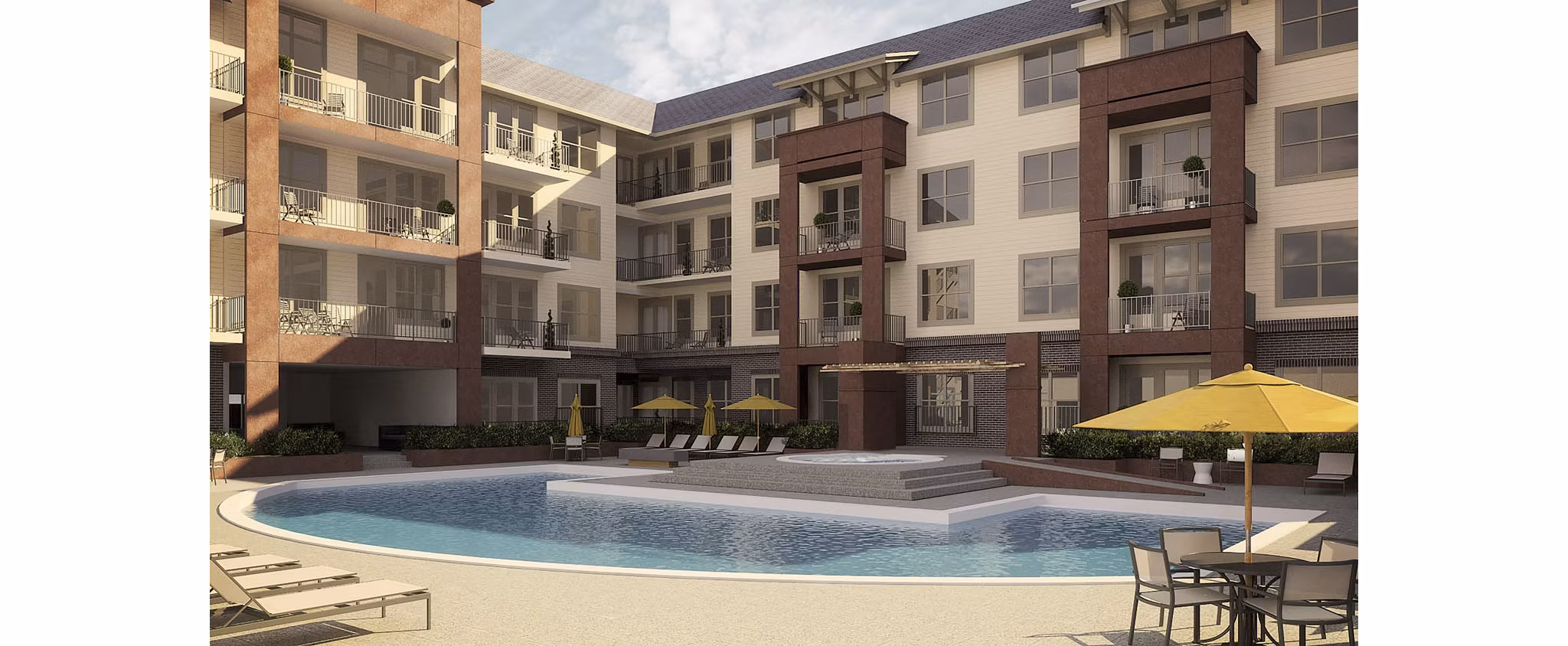 Luxury apartment complex with a swimming pool, lounge chairs, and umbrellas in a beautiful outdoor setting