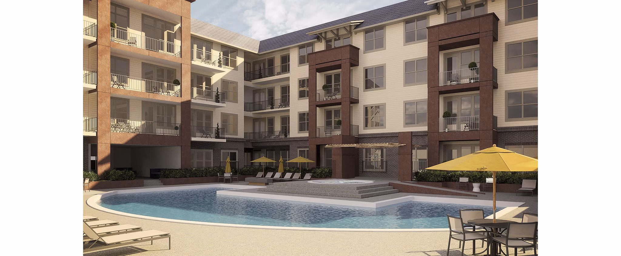 Luxury apartment complex with a swimming pool, lounge chairs, and umbrellas in a beautiful outdoor setting