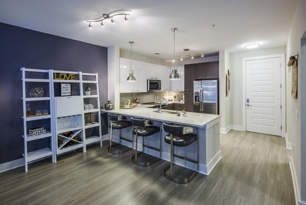 Modern kitchen with sleek appliances at Cadence Music Factory Apartments, a luxury community by Greystar