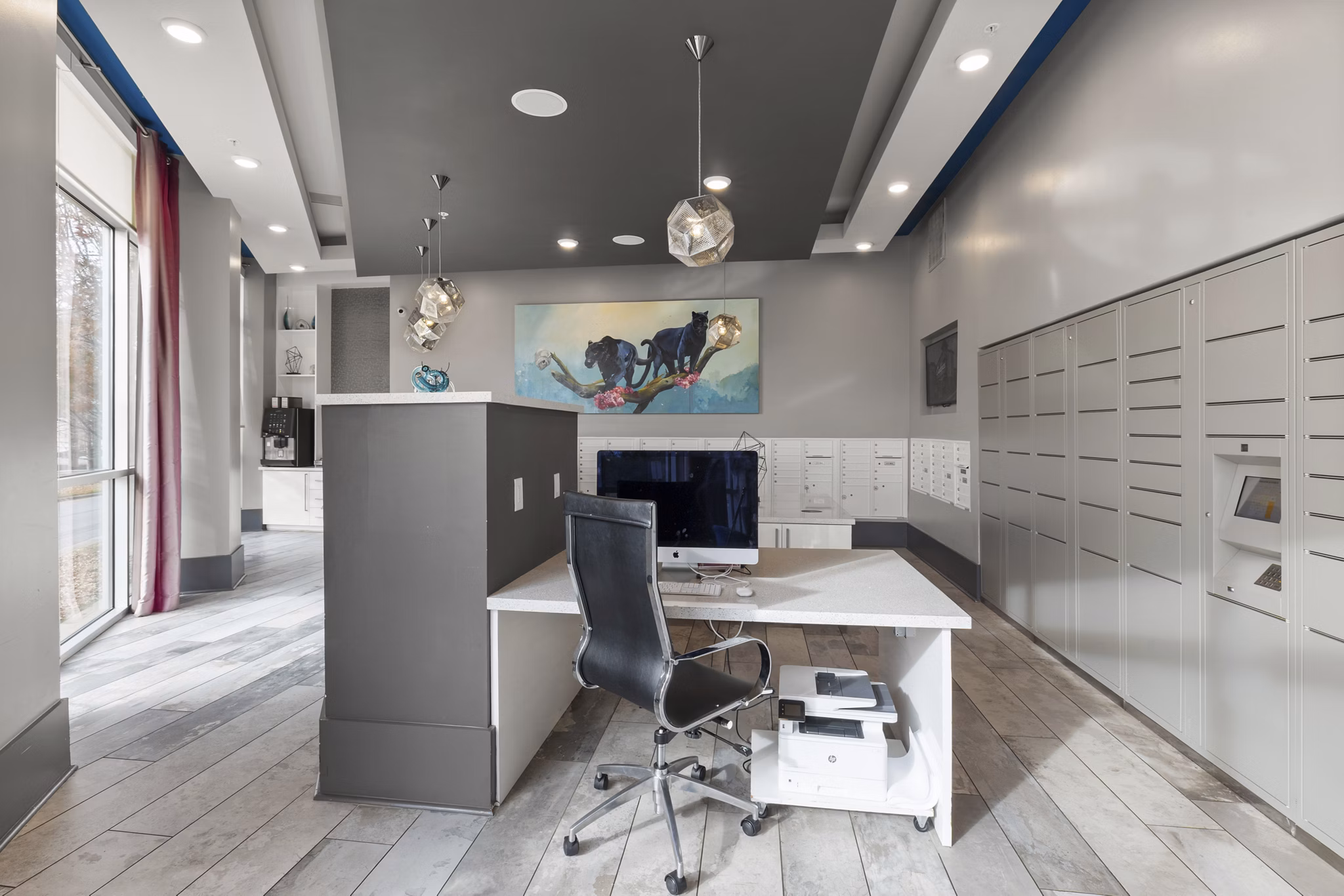 mail room at Cadence Music Factory Apartments