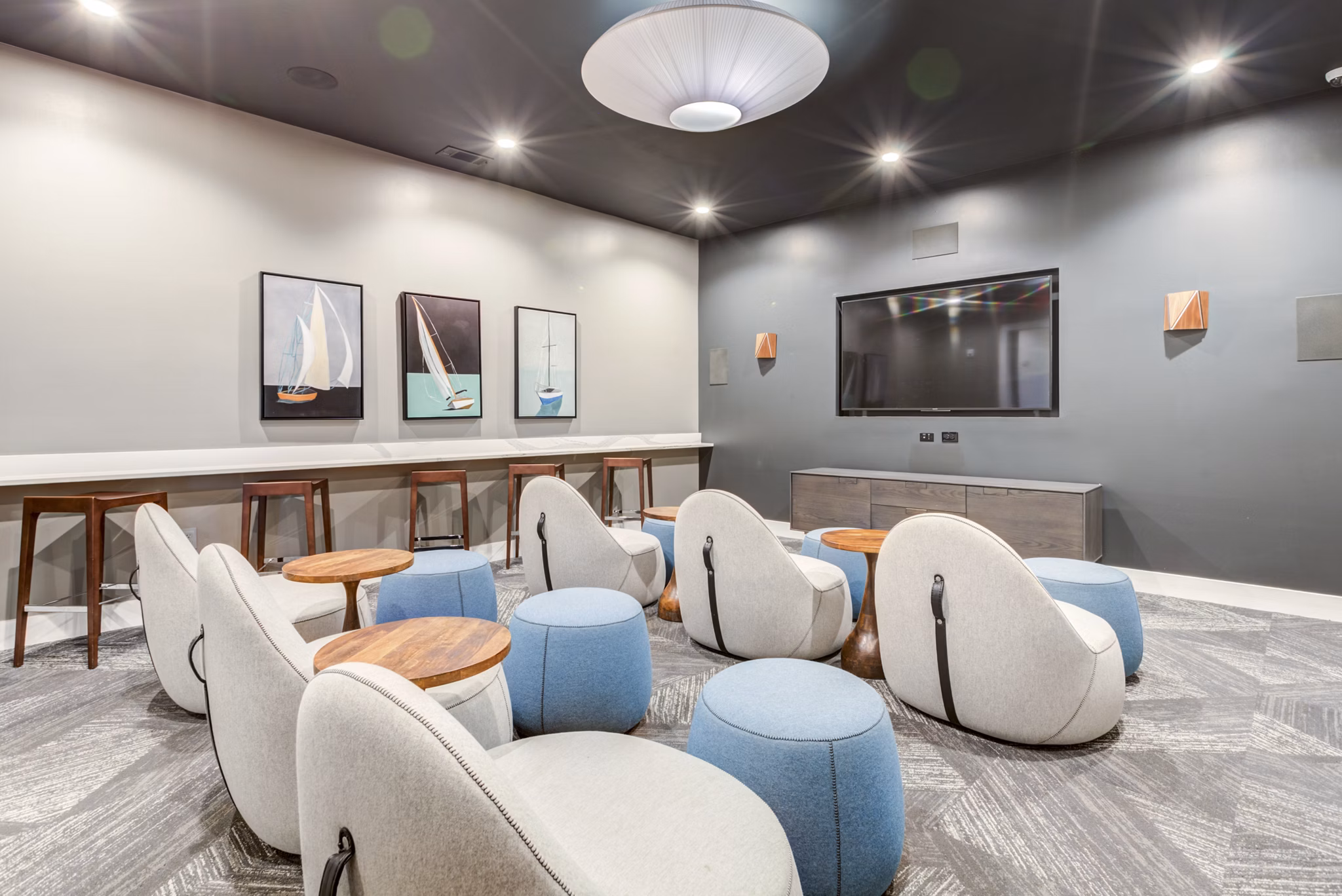 Modern clubhouse with sleek design at Element Barclay Apartments, a luxury community offering premium amenities and stylish living spaces