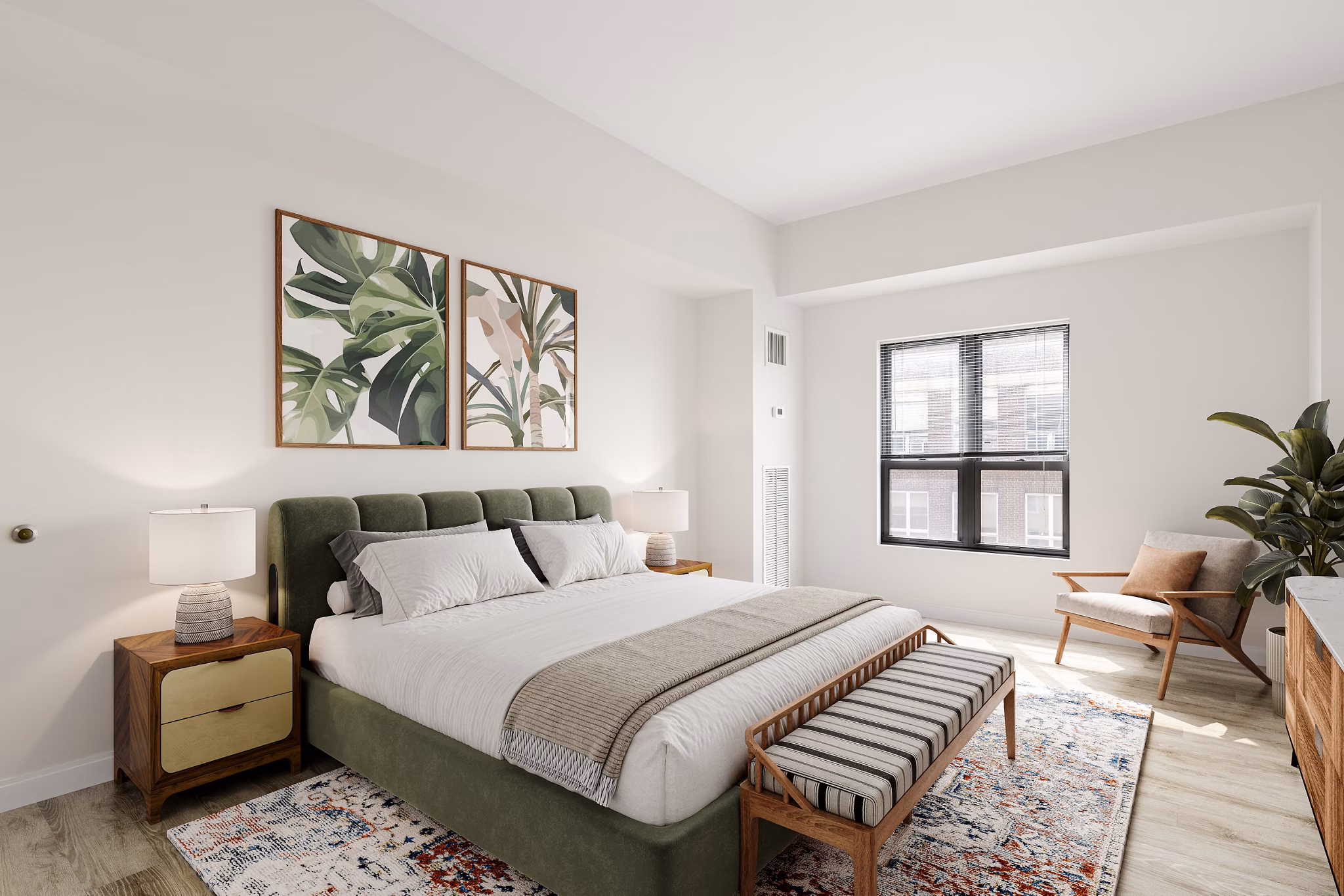 Cozy bedroom featuring modern furnishings at James and Harrison Court Apartments