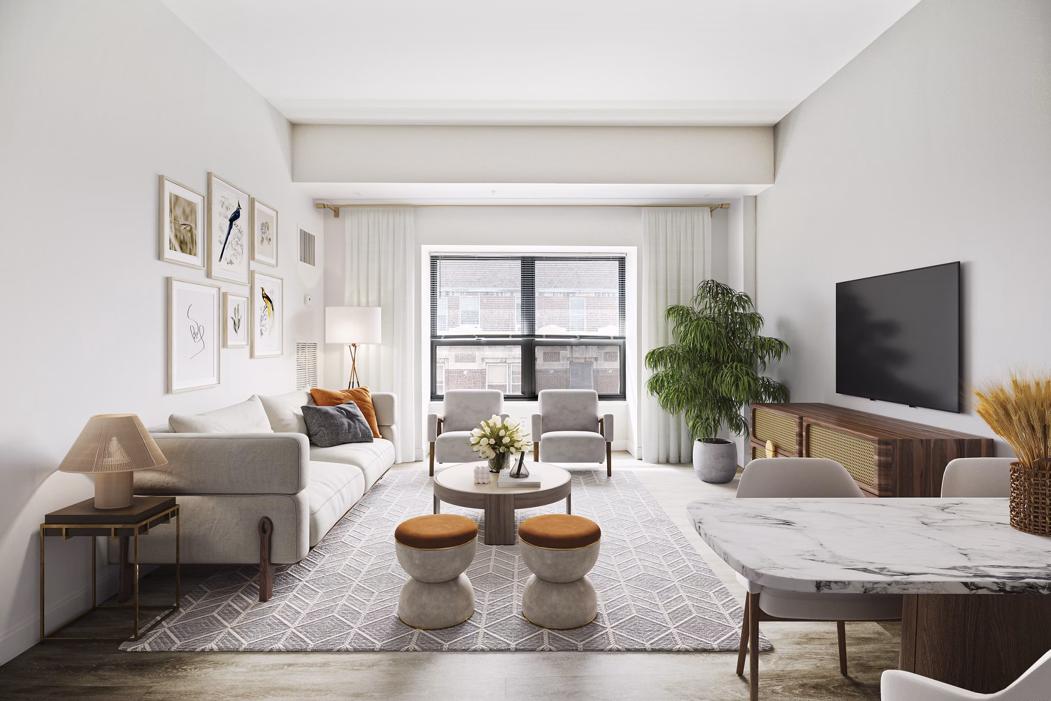 Spacious kitchen with quartz countertops in James and Harrison Court Apartments