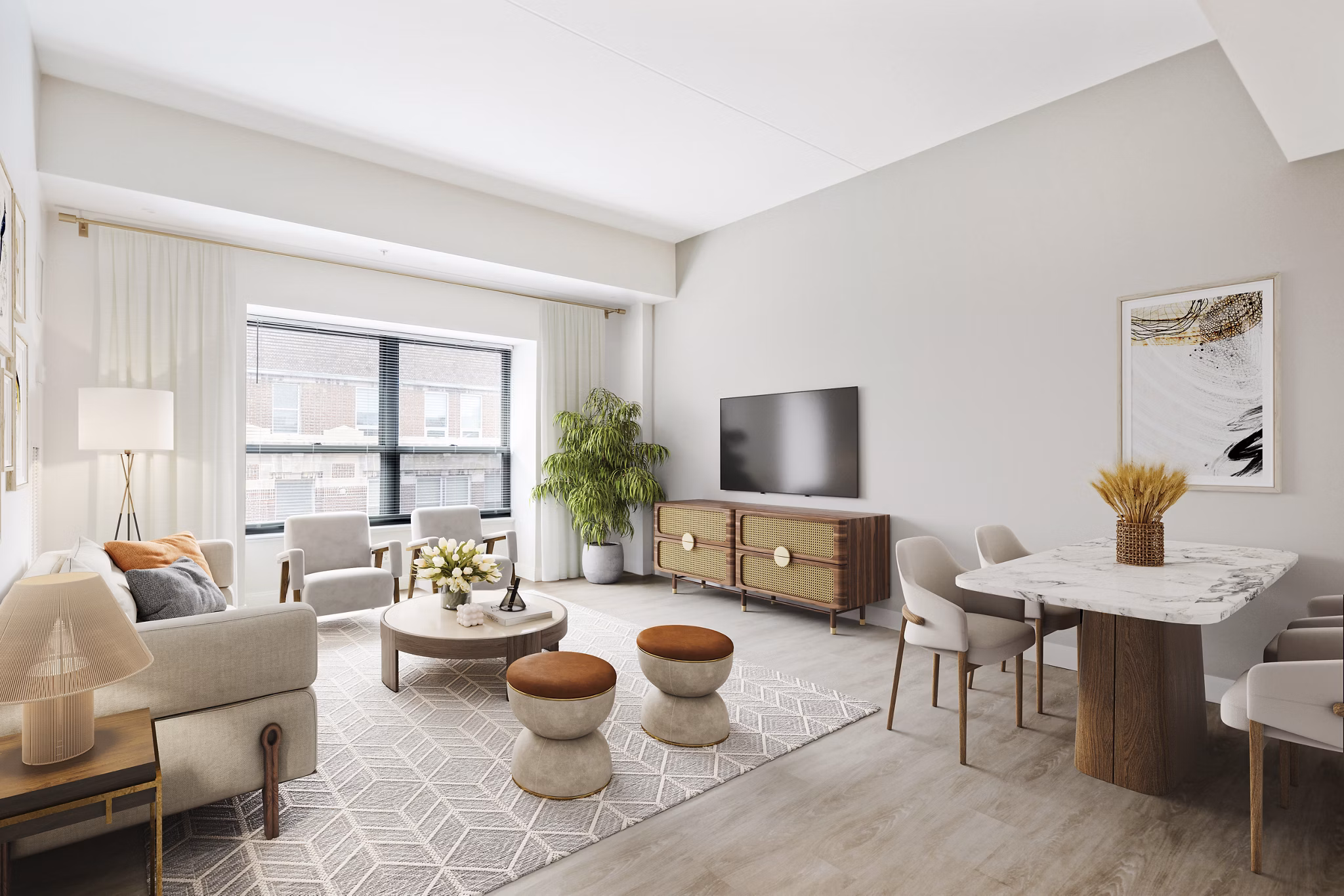 Cozy bedroom with modern decor at James and Harrison Court Apartments