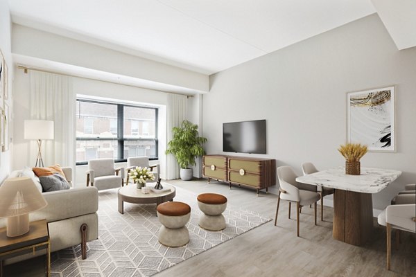 Cozy bedroom with modern decor at James and Harrison Court Apartments