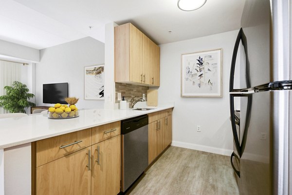 Modern kitchen featuring stainless steel appliances at James and Harrison Court Apartments