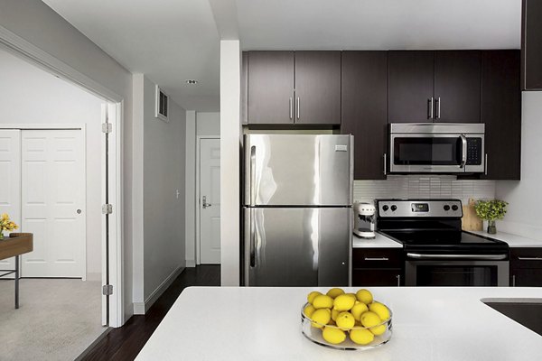 Modern kitchen with sleek cabinetry and granite countertops in James and Harrison Court Apartments