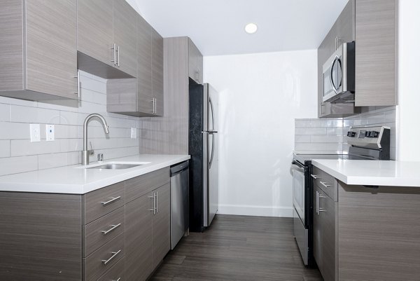Modern kitchen with stainless steel appliances at 1122 U Apartments, offering luxury living in the heart of the city