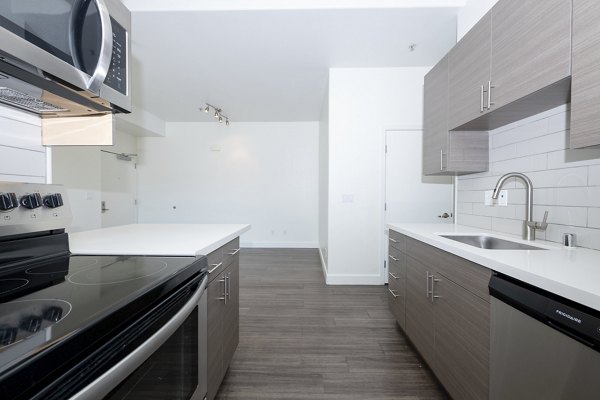 Modern kitchen with stainless steel appliances in 1122 U Apartments