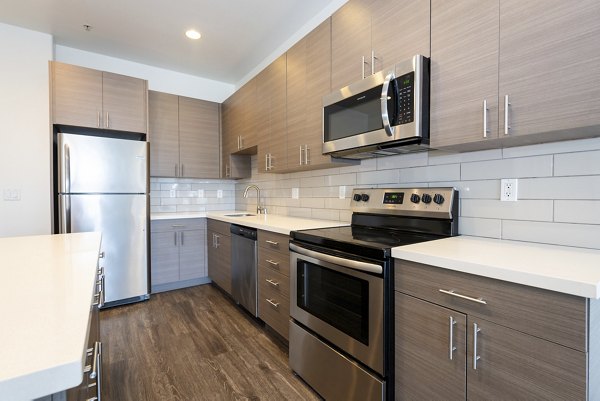 Modern kitchen with stainless steel appliances and sleek countertops at 1122 U Apartments