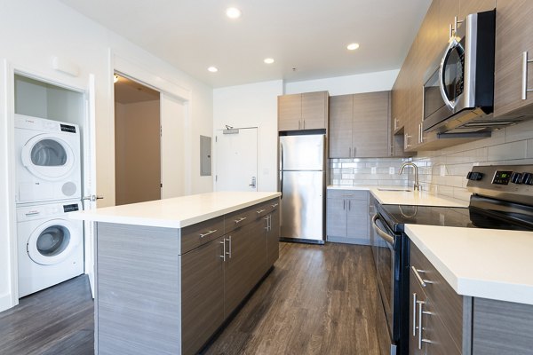Modern kitchen with stainless steel appliances at 1122 U Apartments, offering luxury living in a vibrant neighborhood