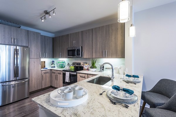 Modern kitchen with stainless steel appliances in Overture Domain luxury apartments