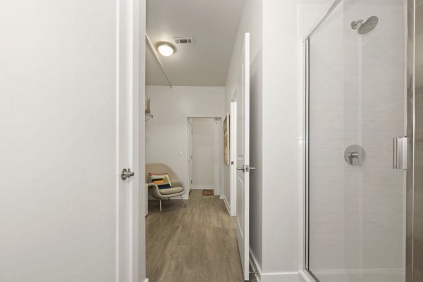 Bathroom with modern fixtures and designer tile at 30Six NoDa Apartments