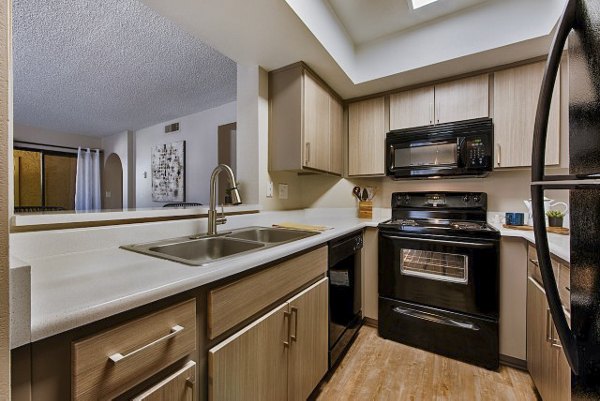 Modern kitchen with stainless steel appliances at Avana at the Pointe Apartments