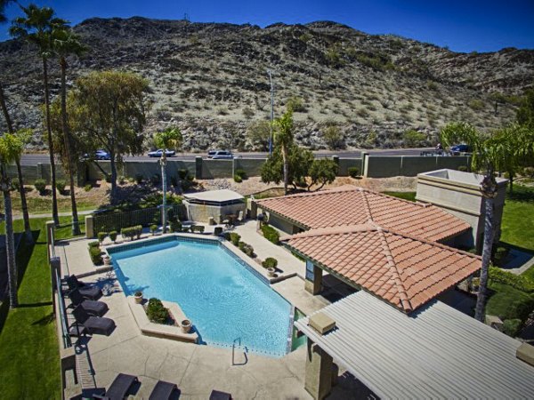 Refreshing outdoor swimming pool at Avana at the Pointe Apartments with lounge chairs and palm trees, offering a luxury living experience