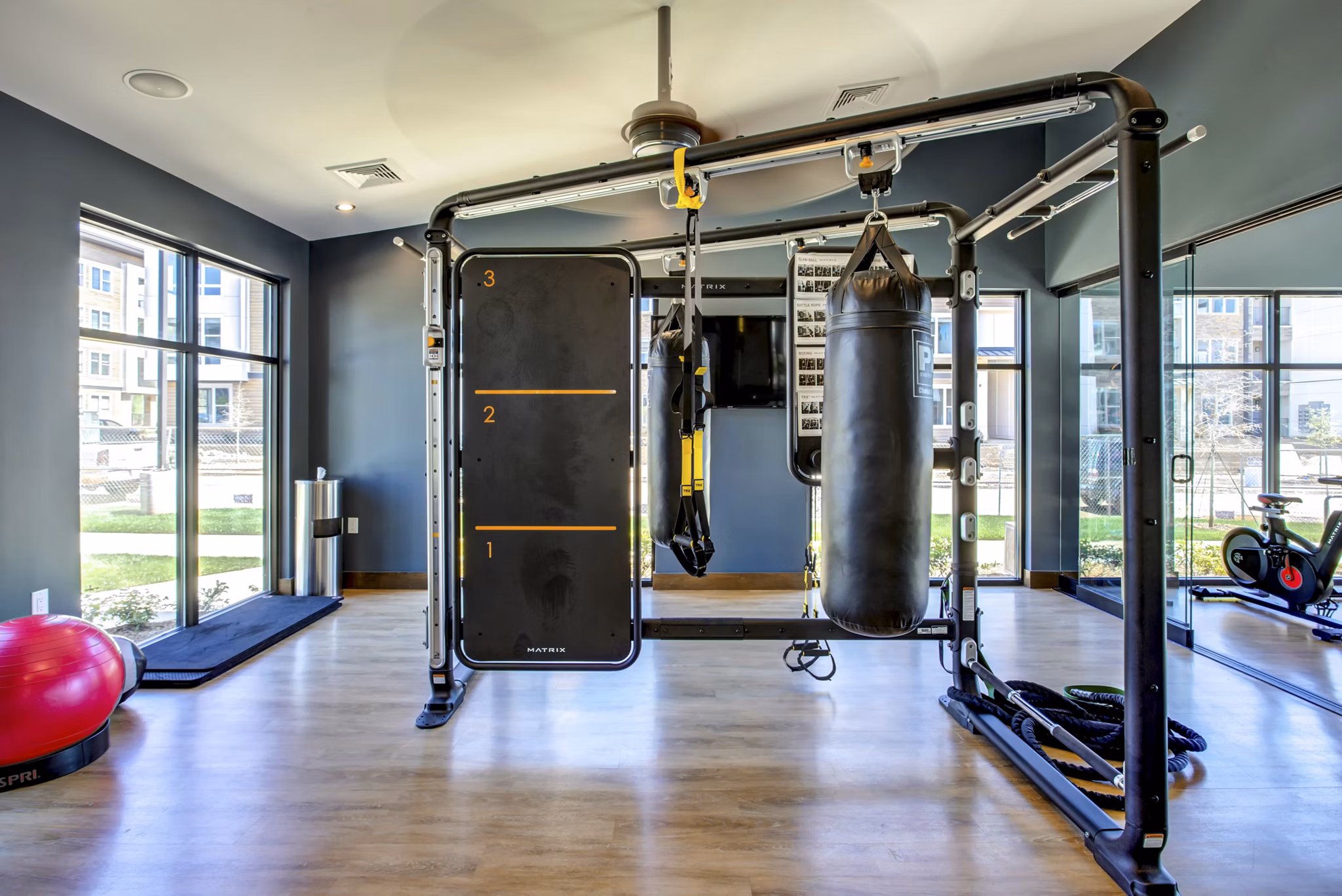 State-of-the-art fitness center at The Sawyer Providence Farm Apartments with modern equipment for an active lifestyle